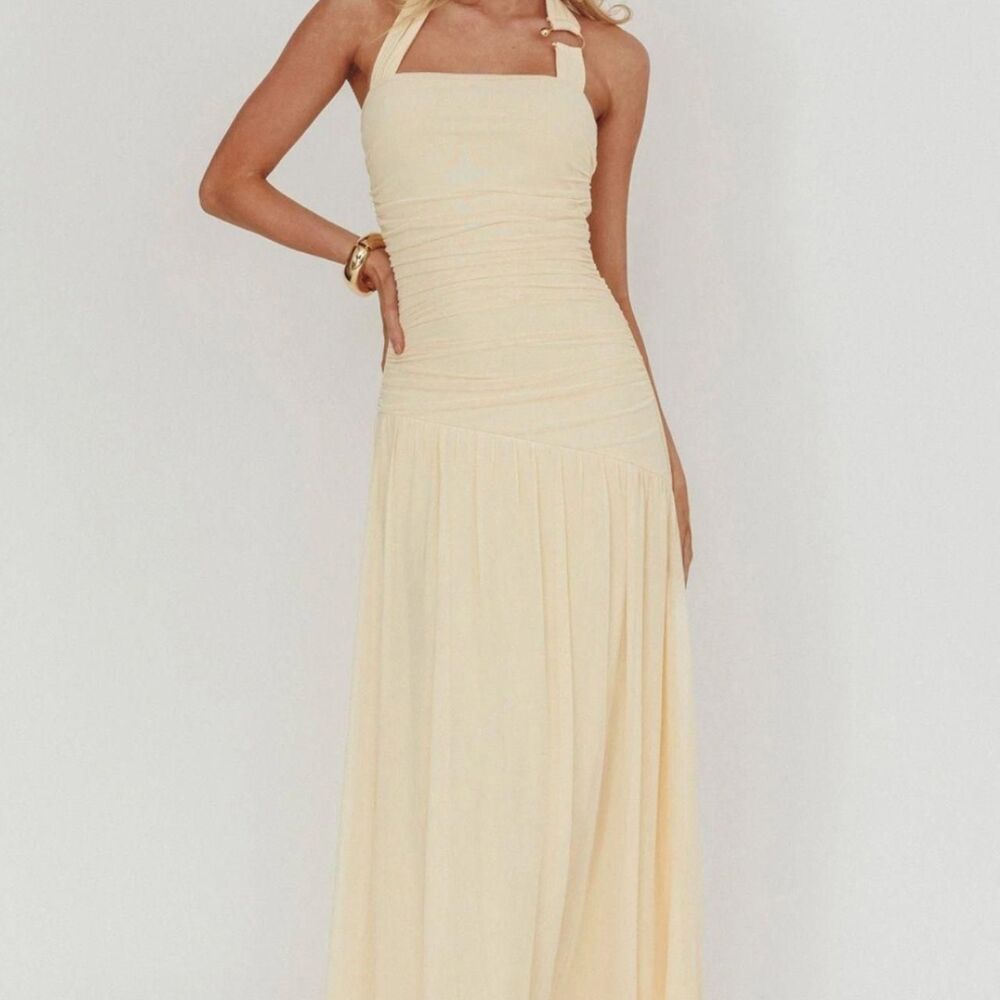 Saints & Secrets Yellow Halterneck Drop Waist Formal Maxi Dress - Size Small